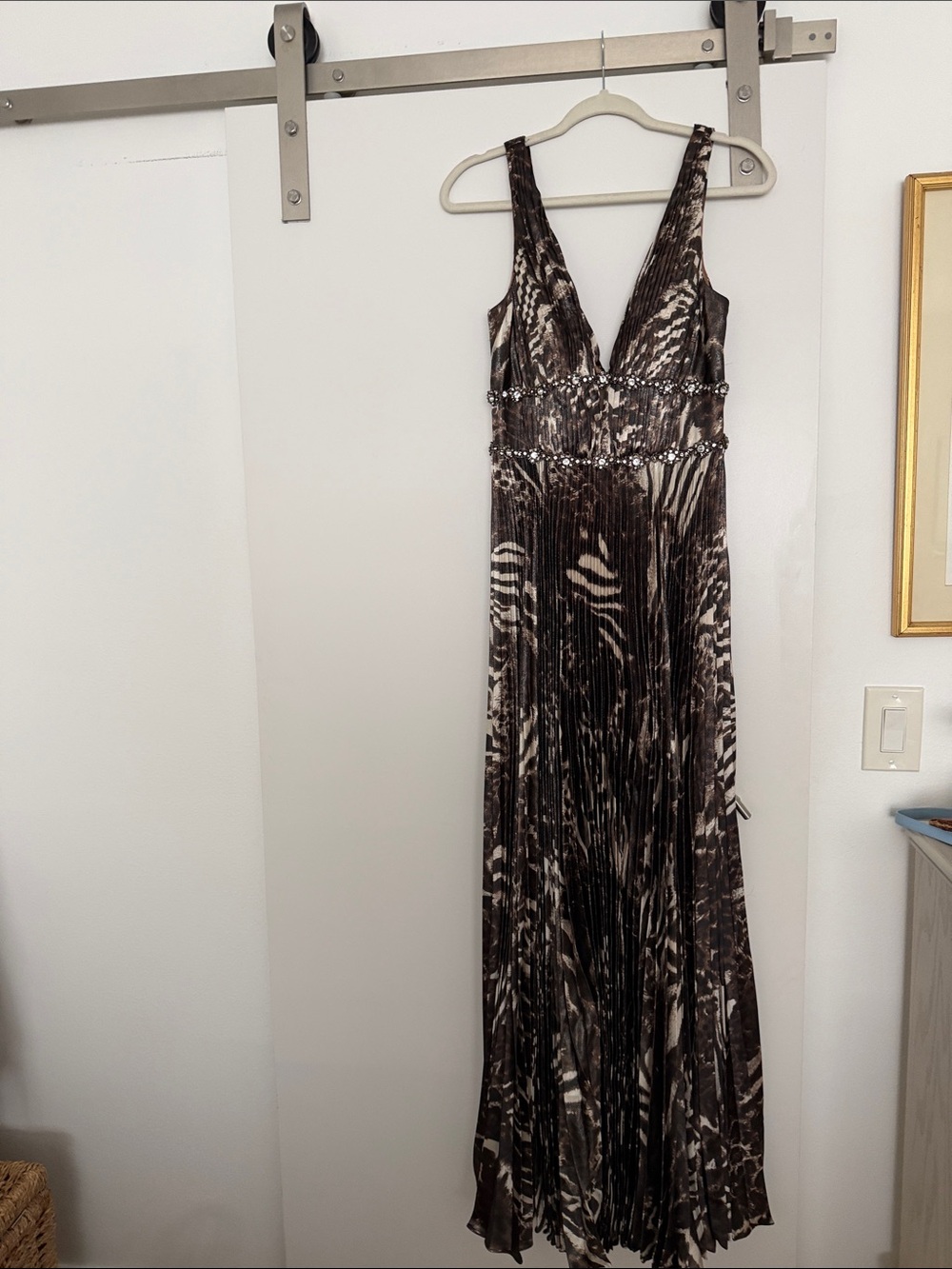 Sue Wong Brown and Cream Pleated V-Neck Maxi Dress with Waist Embellishment